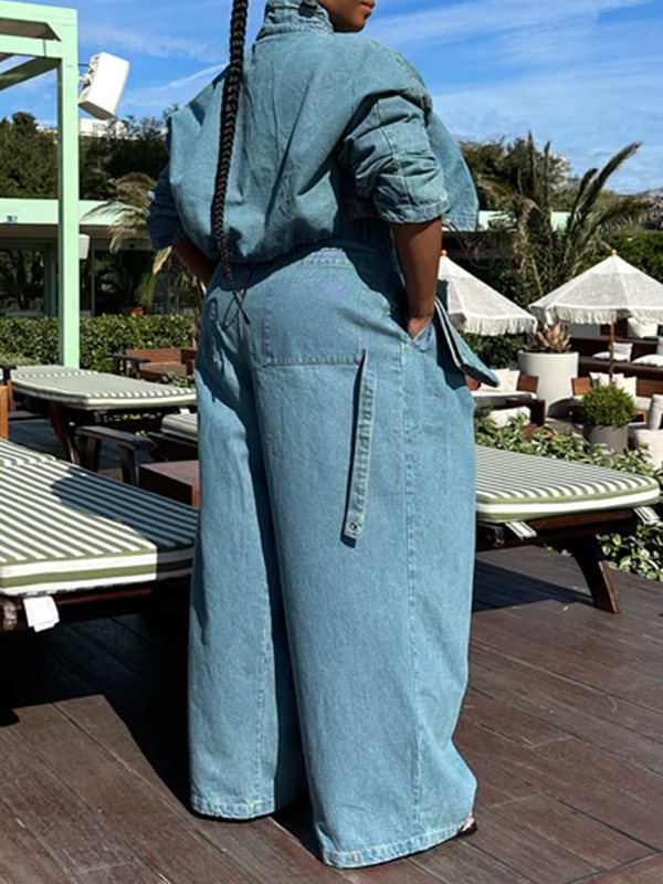 Gorgeousladie Denim Jacket & Wide-Leg Pants Set