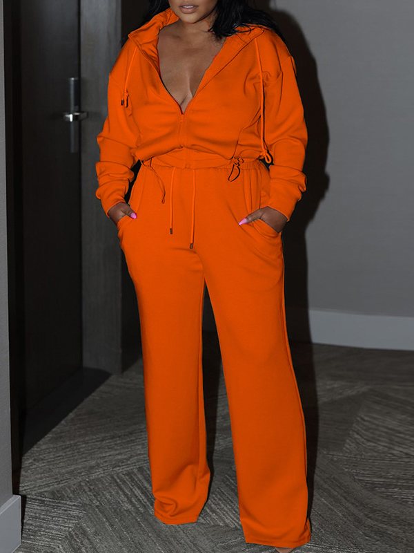 Solid Zip-Front Hoodie & Pants Set