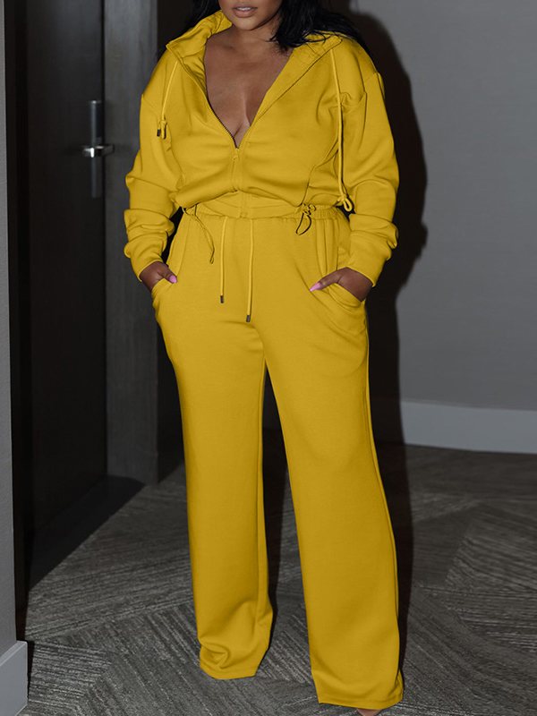 Solid Zip-Front Hoodie & Pants Set