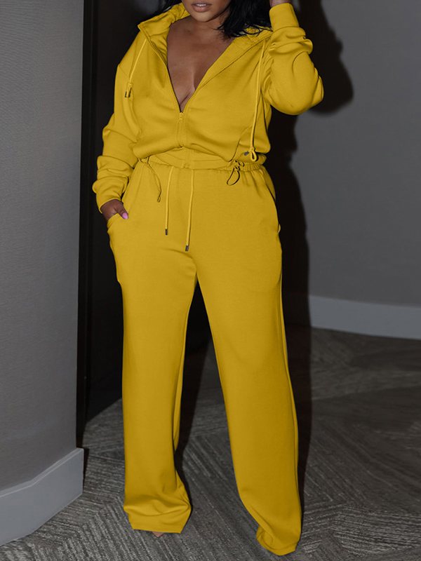 Solid Zip-Front Hoodie & Pants Set