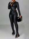 Gorgeousladie Faux-Leather Tied Shirt & Slit Pants Set