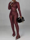 Gorgeousladie Faux-Leather Tied Shirt & Slit Pants Set