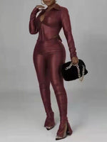 Gorgeousladie Faux-Leather Tied Shirt & Slit Pants Set