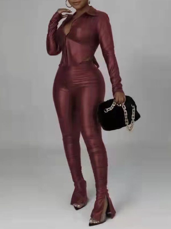 Gorgeousladie Faux-Leather Tied Shirt & Slit Pants Set