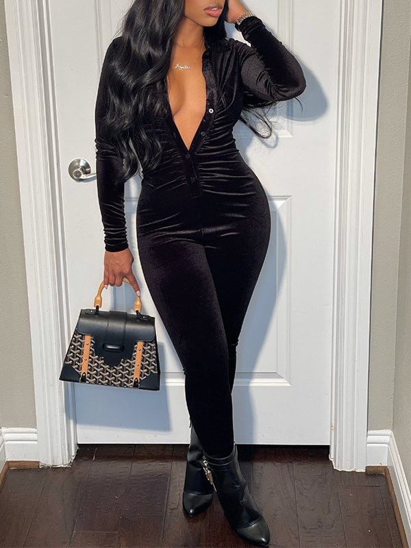 Button-Front Ruched Velvet Jumpsuit