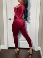 Button-Front Ruched Velvet Jumpsuit