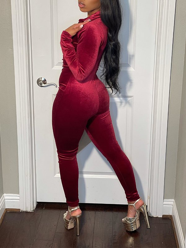 Button-Front Ruched Velvet Jumpsuit