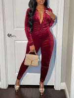 Button-Front Ruched Velvet Jumpsuit