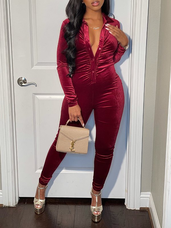Button-Front Ruched Velvet Jumpsuit