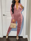 Button-Front Ruched Velvet Jumpsuit