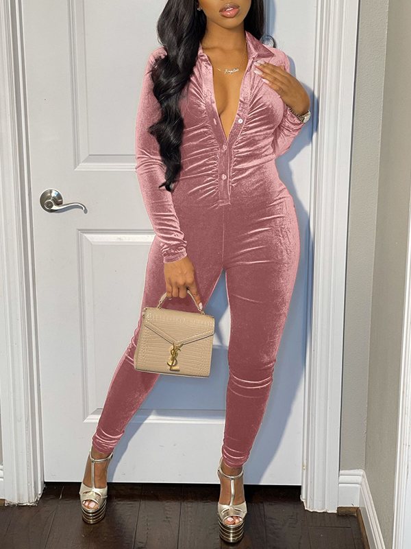 Button-Front Ruched Velvet Jumpsuit