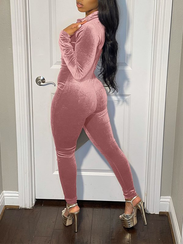 Button-Front Ruched Velvet Jumpsuit