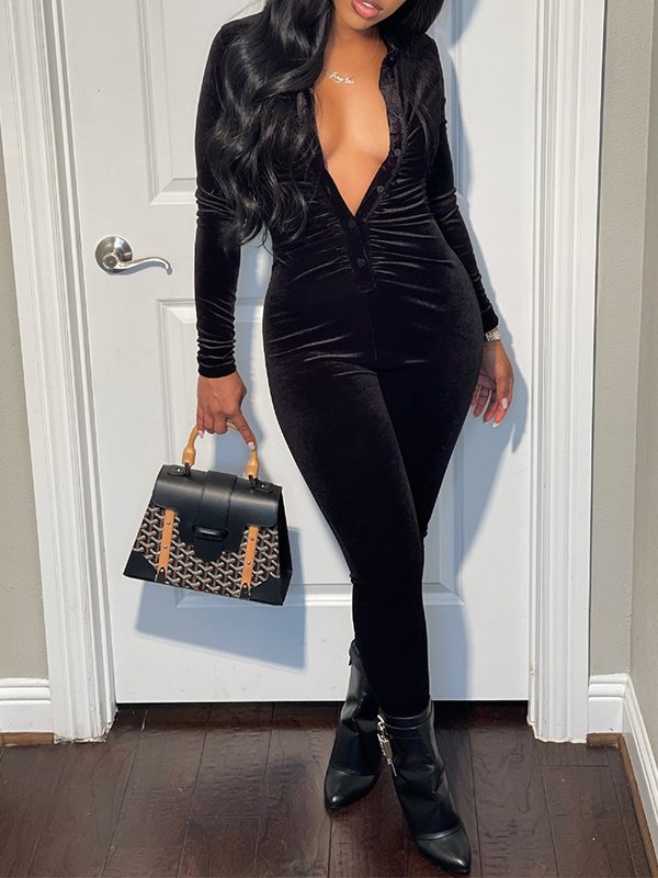 Button-Front Ruched Velvet Jumpsuit