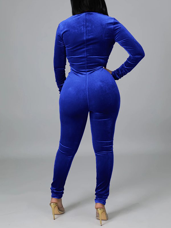 Sheer-Combo Zip-Front Velvet Jumpsuit
