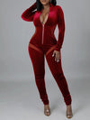 Sheer-Combo Zip-Front Velvet Jumpsuit