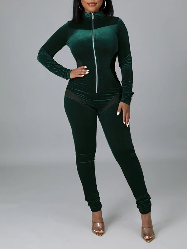 Sheer-Combo Zip-Front Velvet Jumpsuit