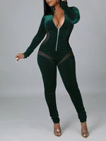 Sheer-Combo Zip-Front Velvet Jumpsuit