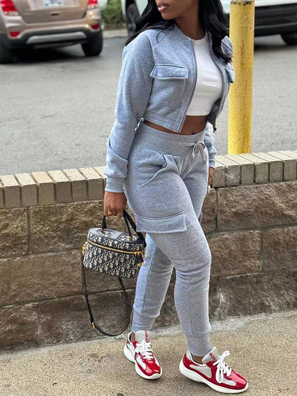 Solid Zip-Front Top & Cargo Pants Set
