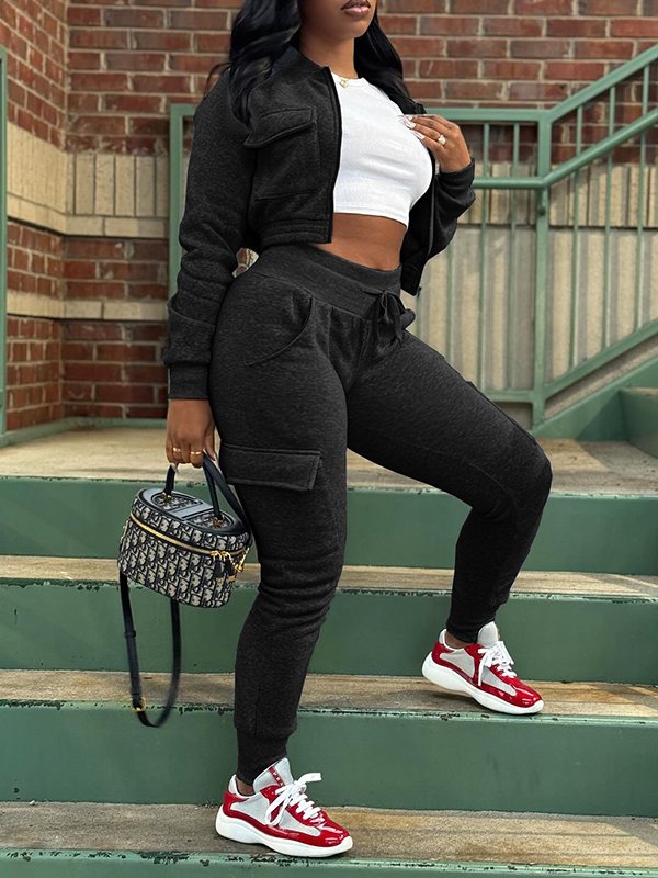 Solid Zip-Front Top & Cargo Pants Set