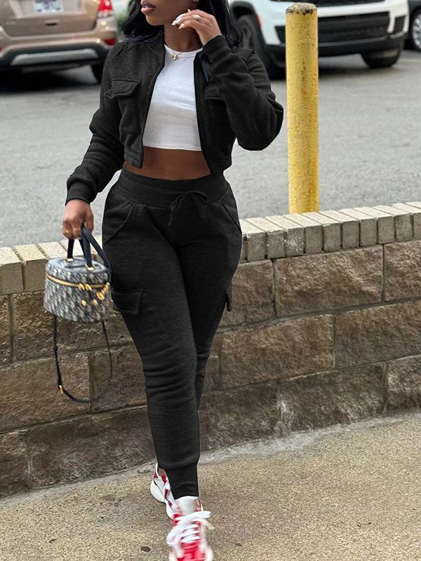 Solid Zip-Front Top & Cargo Pants Set