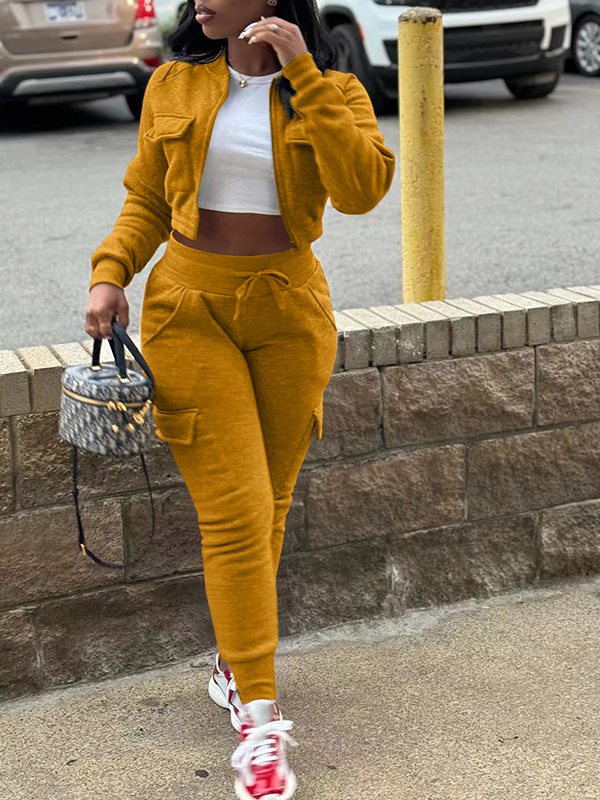 Solid Zip-Front Top & Cargo Pants Set