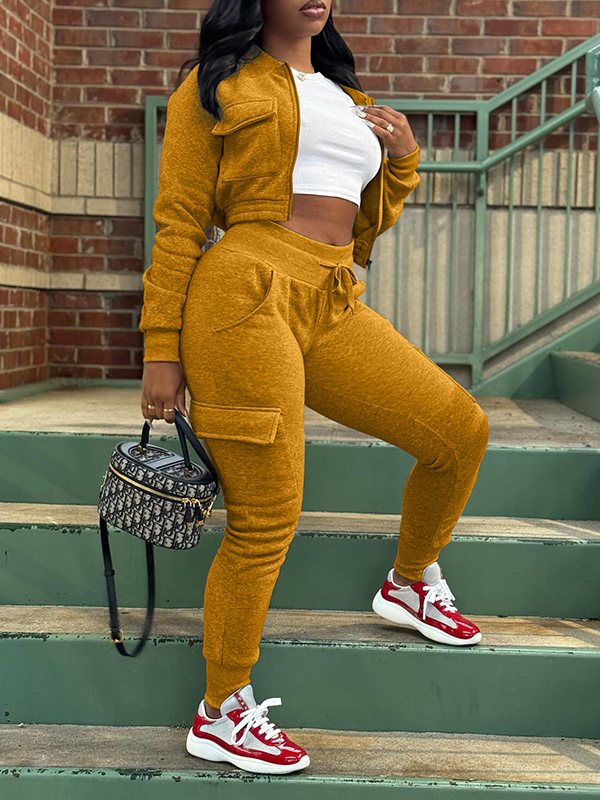Solid Zip-Front Top & Cargo Pants Set