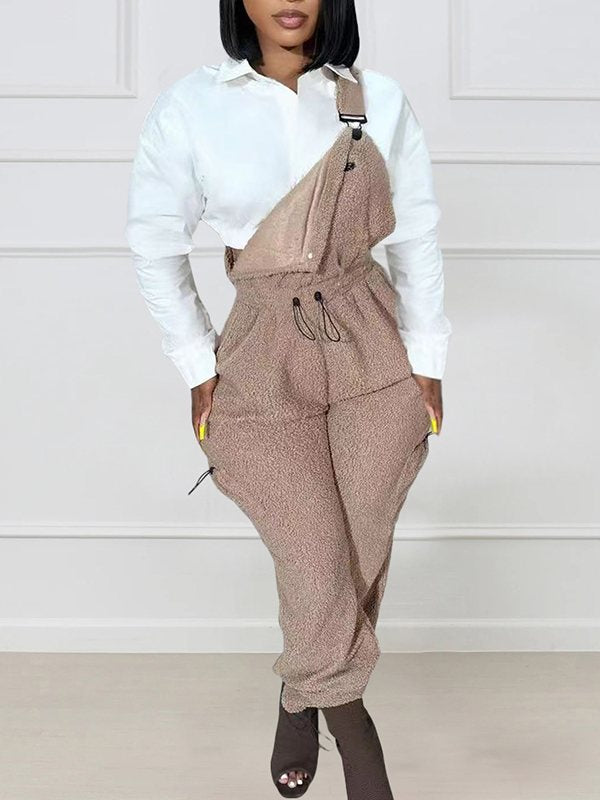 Fuzzy Drawstring Overalls