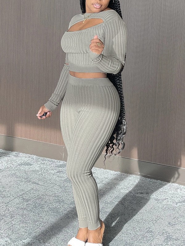 Ribbed Cutout Top & Pants Set