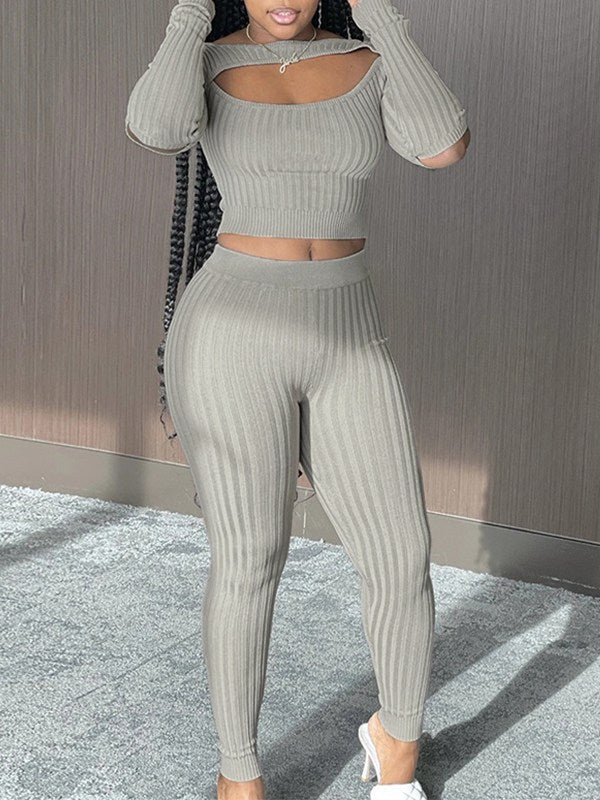 Ribbed Cutout Top & Pants Set