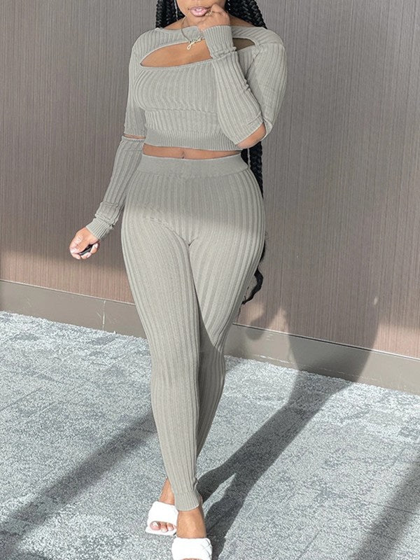 Ribbed Cutout Top & Pants Set