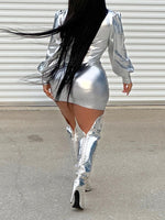 Metallic V-Neck Ruched Dress