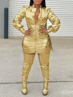Metallic V-Neck Ruched Dress