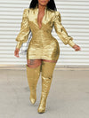 Metallic V-Neck Ruched Dress