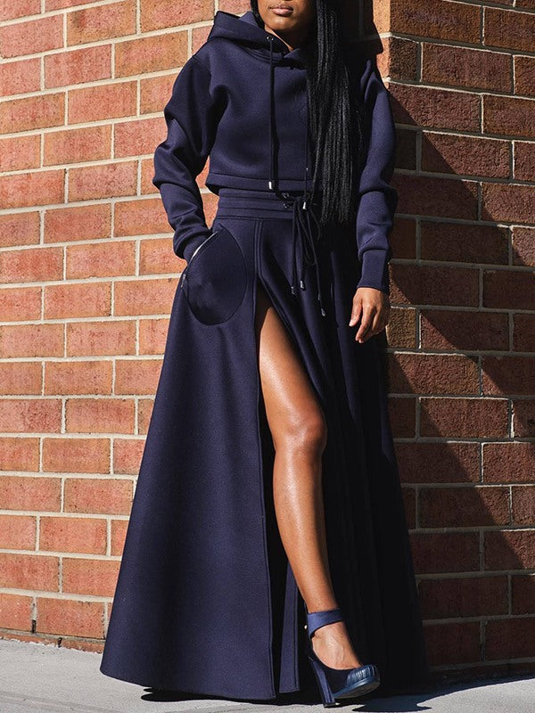 Gorgeousladie Solid Hoodie & Slit Skirt Set