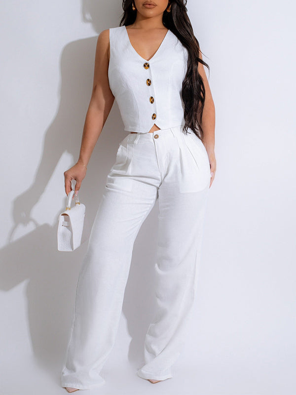 Gorgeousladie Button-Front Vest & Pants Set