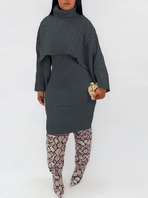 Gorgeousladie Knit Poncho & Sweater Dress Set