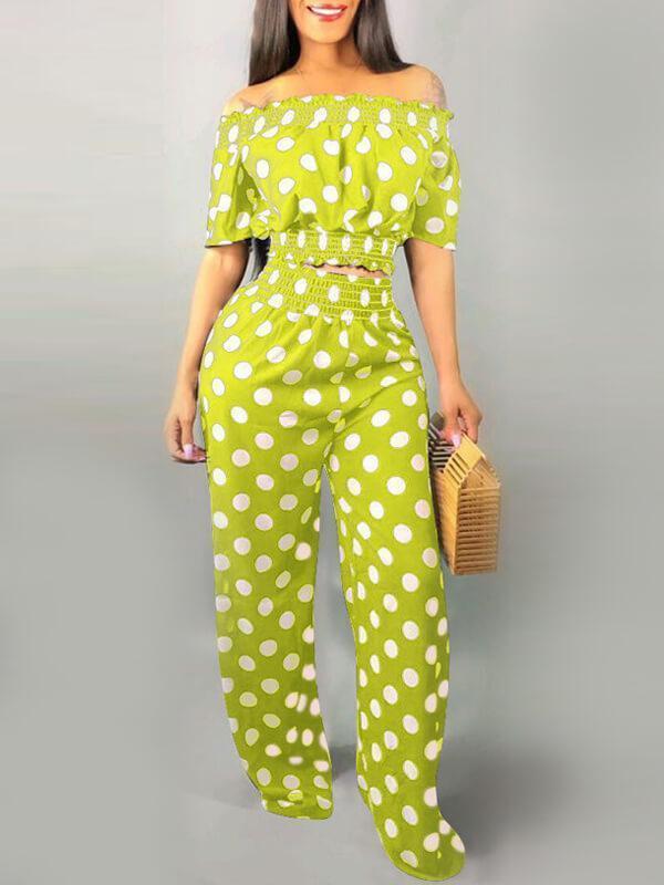 Gorgeousladie Dot Off Shoulder Crop Top & Pants Set