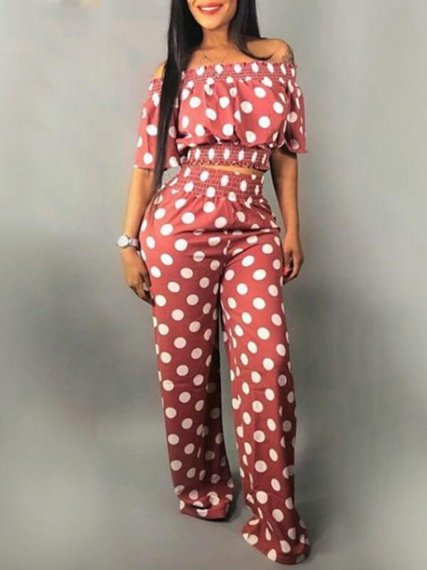 Gorgeousladie Dot Off Shoulder Crop Top & Pants Set