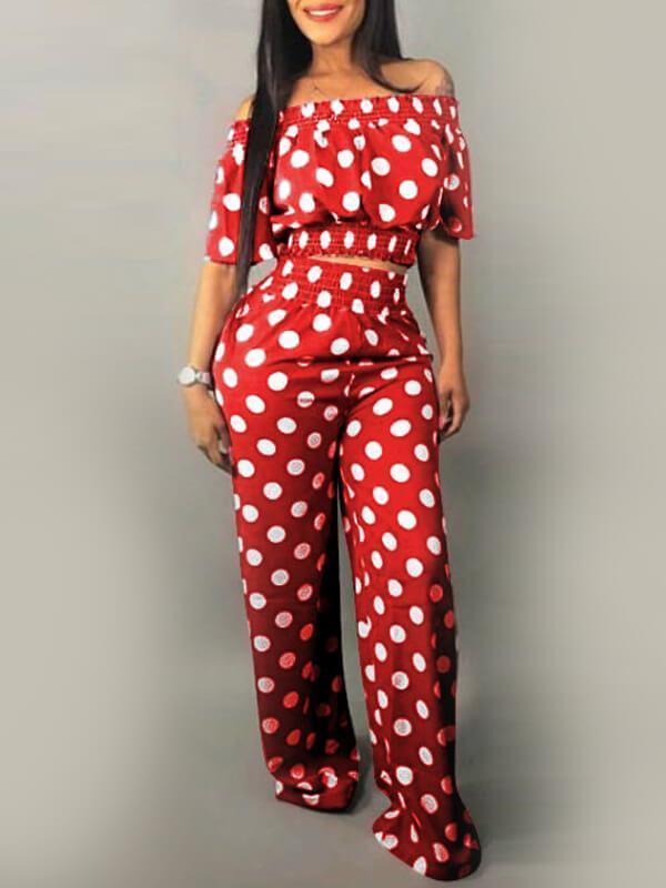Gorgeousladie Dot Off Shoulder Crop Top & Pants Set