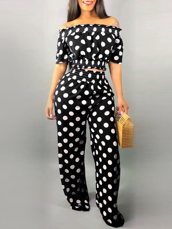 Gorgeousladie Dot Off Shoulder Crop Top & Pants Set