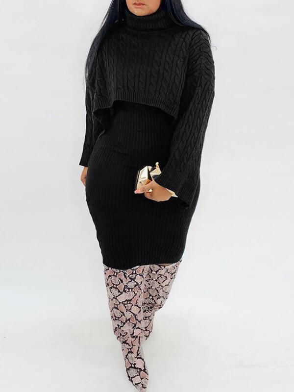 Gorgeousladie Knit Poncho & Sweater Dress Set