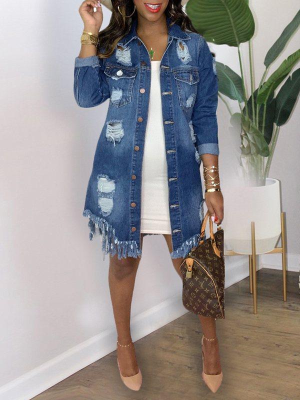 Gorgeousladie Distressed Fringe Denim Jacket