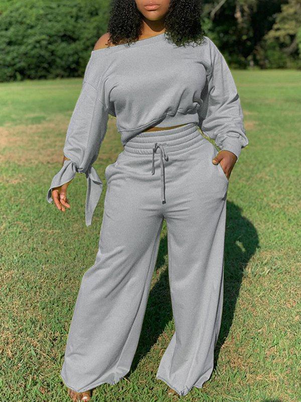 Gorgeousladie Solid Sweatshirt & Wide-Leg Pants Set