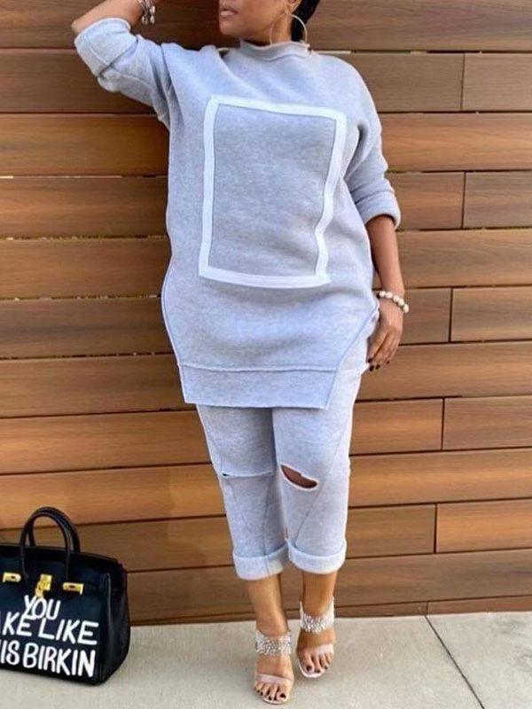 Gorgeousladie Side-Slit Sweatshirt & Ripped Pants Set