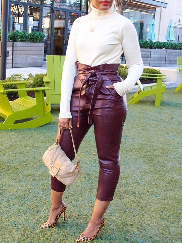 Gorgeousladie Belted Faux-Leather Pants
