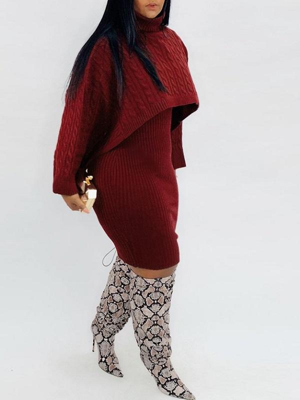 Gorgeousladie Knit Poncho & Sweater Dress Set