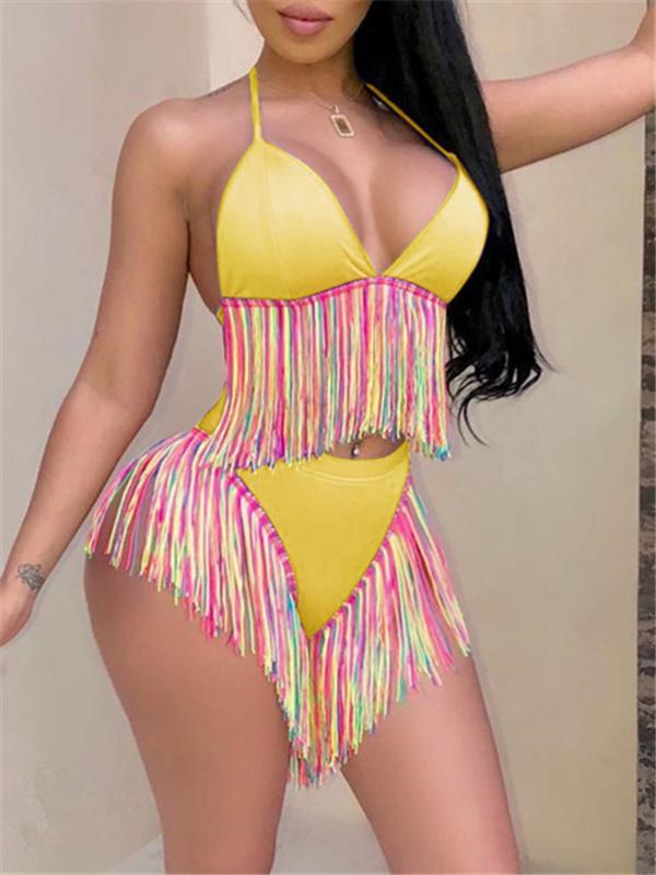 Gorgeousladie Multicolor Fringe Halter Bikini