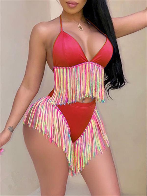 Gorgeousladie Multicolor Fringe Halter Bikini